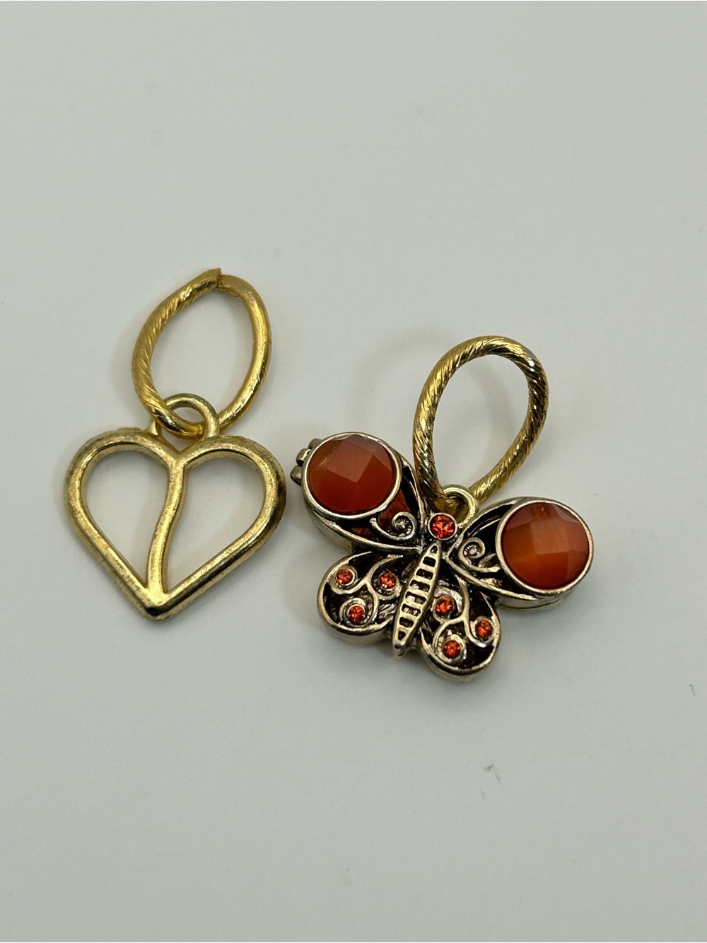 Gold-Tone Butterfly & Heart Pendants Orange Sparkle About 1.5" Drop - Picture 5 of 8